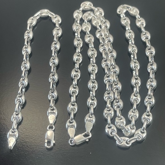 italian silver 925 mariner chain and bracelet 6mm 8 inch beacelet 24 inch chain - Picture 1 of 6